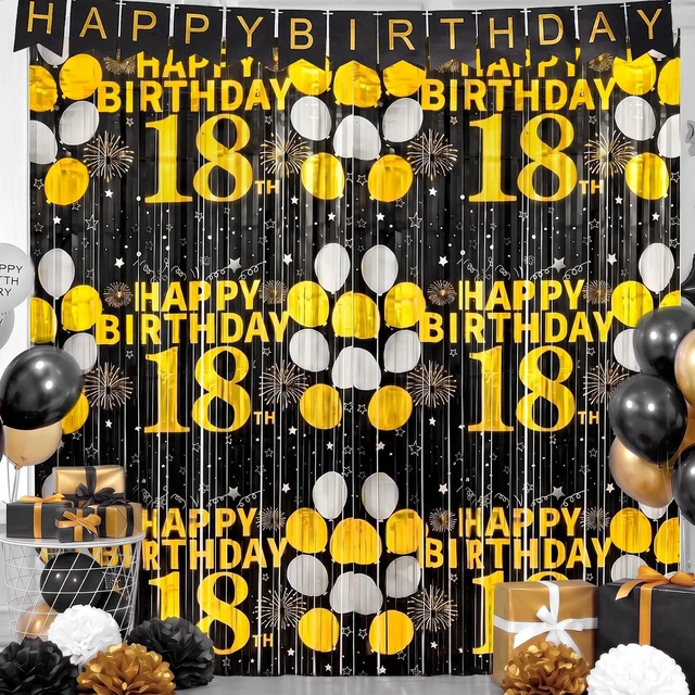 Alt view image 4 of 6 - 18th Birthday Decorations for Boys Happy 18th Birthday Foil Fringe Curtains 2 Pack 3.3 x 6.6ft Black Gold 18 Years Old Wall Decor Backdrop Foil Tinsel Streamers Photo Booth Props Sign Party Supplies