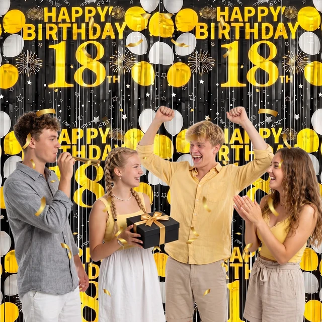 Alt view image 5 of 6 - 18th Birthday Decorations for Boys Happy 18th Birthday Foil Fringe Curtains 2 Pack 3.3 x 6.6ft Black Gold 18 Years Old Wall Decor Backdrop Foil Tinsel Streamers Photo Booth Props Sign Party Supplies