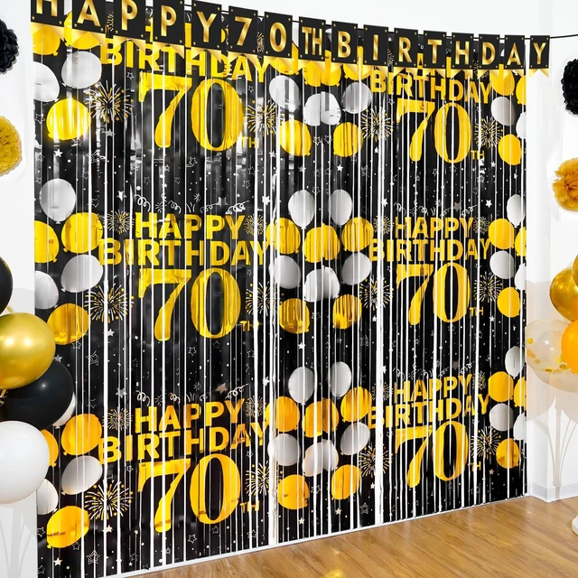 Main image of 70th Birthday Decorations for Men Happy 70th Birthday Foil Fringe Curtains 2 Pack 3.3 x 6.6ft Black Gold Cheers to 70 Years Old Wall Decor Backdrop Tinsel Streamers Photo Booth Props Party Supplies