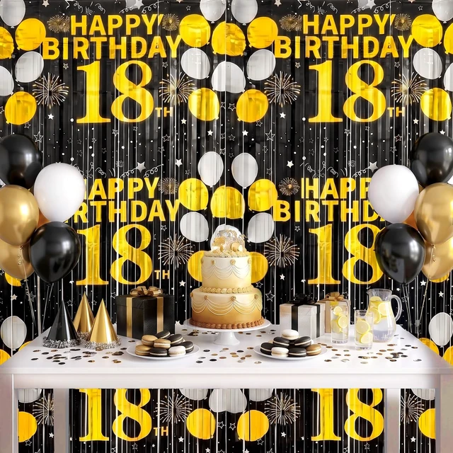 Alt view image 6 of 6 - 18th Birthday Decorations for Boys Happy 18th Birthday Foil Fringe Curtains 2 Pack 3.3 x 6.6ft Black Gold 18 Years Old Wall Decor Backdrop Foil Tinsel Streamers Photo Booth Props Sign Party Supplies