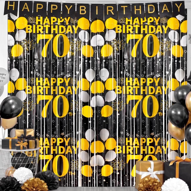 Alt view image 3 of 6 - 70th Birthday Decorations for Men Happy 70th Birthday Foil Fringe Curtains 2 Pack 3.3 x 6.6ft Black Gold Cheers to 70 Years Old Wall Decor Backdrop Tinsel Streamers Photo Booth Props Party Supplies