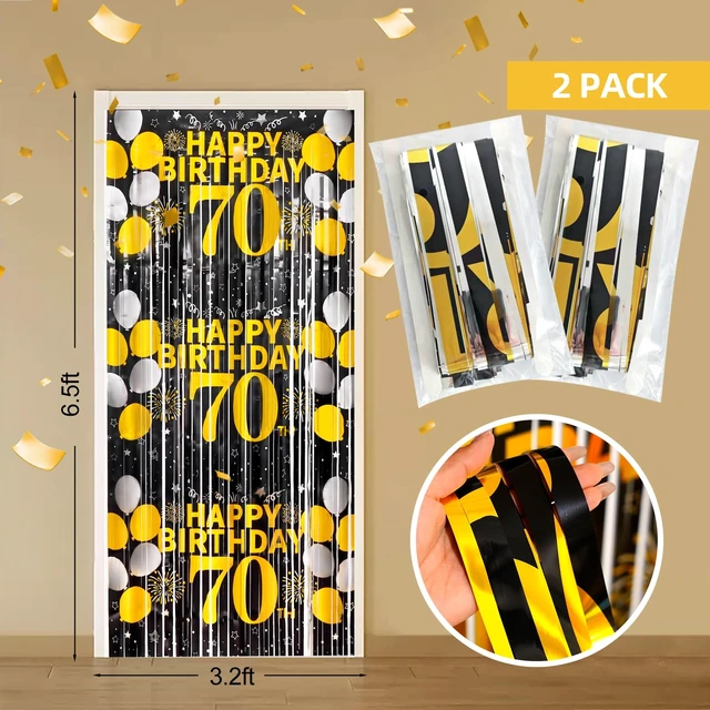 Alt view image 2 of 6 - 70th Birthday Decorations for Men Happy 70th Birthday Foil Fringe Curtains 2 Pack 3.3 x 6.6ft Black Gold Cheers to 70 Years Old Wall Decor Backdrop Tinsel Streamers Photo Booth Props Party Supplies