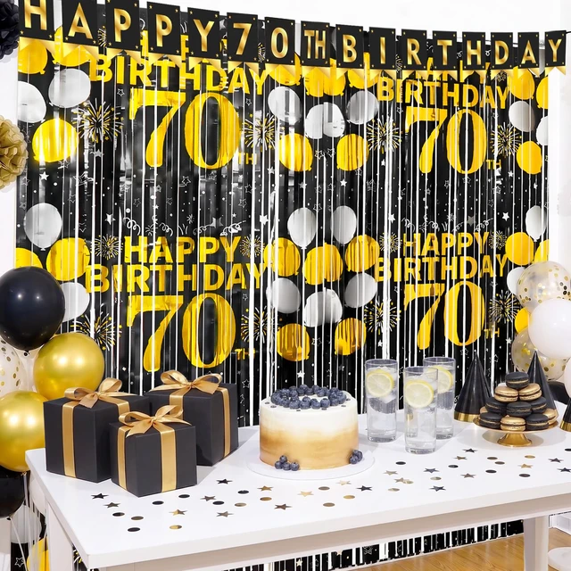 Alt view image 4 of 6 - 70th Birthday Decorations for Men Happy 70th Birthday Foil Fringe Curtains 2 Pack 3.3 x 6.6ft Black Gold Cheers to 70 Years Old Wall Decor Backdrop Tinsel Streamers Photo Booth Props Party Supplies