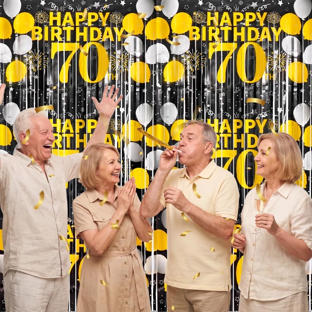 Alt view image 5 of 6 - 70th Birthday Decorations for Men Happy 70th Birthday Foil Fringe Curtains 2 Pack 3.3 x 6.6ft Black Gold Cheers to 70 Years Old Wall Decor Backdrop Tinsel Streamers Photo Booth Props Party Supplies