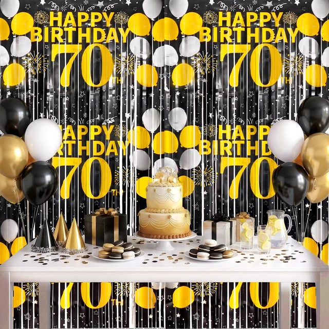 Alt view image 6 of 6 - 70th Birthday Decorations for Men Happy 70th Birthday Foil Fringe Curtains 2 Pack 3.3 x 6.6ft Black Gold Cheers to 70 Years Old Wall Decor Backdrop Tinsel Streamers Photo Booth Props Party Supplies