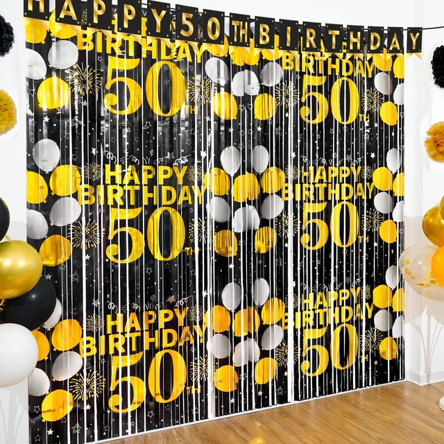 Main image of 50th Birthday Decorations for Men Happy 50th Birthday Foil Fringe Curtains 2 Pack 3.3 x 6.6ft Black Gold Cheers to 50 Years Old Wall Decor Backdrop Tinsel Streamers Photo Booth Props Party Supplies