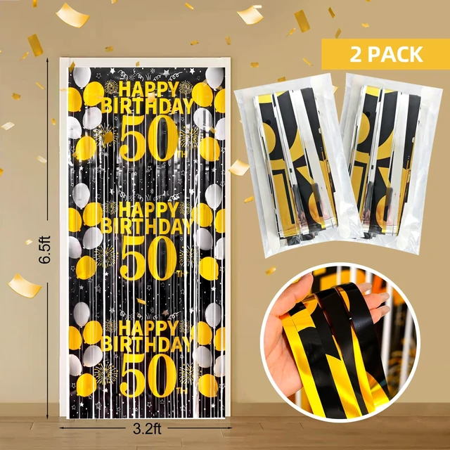 Alt view image 2 of 6 - 50th Birthday Decorations for Men Happy 50th Birthday Foil Fringe Curtains 2 Pack 3.3 x 6.6ft Black Gold Cheers to 50 Years Old Wall Decor Backdrop Tinsel Streamers Photo Booth Props Party Supplies