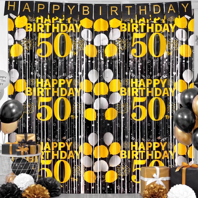 Alt view image 3 of 6 - 50th Birthday Decorations for Men Happy 50th Birthday Foil Fringe Curtains 2 Pack 3.3 x 6.6ft Black Gold Cheers to 50 Years Old Wall Decor Backdrop Tinsel Streamers Photo Booth Props Party Supplies