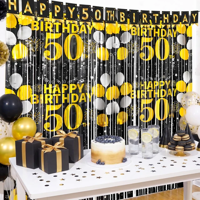 Alt view image 4 of 6 - 50th Birthday Decorations for Men Happy 50th Birthday Foil Fringe Curtains 2 Pack 3.3 x 6.6ft Black Gold Cheers to 50 Years Old Wall Decor Backdrop Tinsel Streamers Photo Booth Props Party Supplies