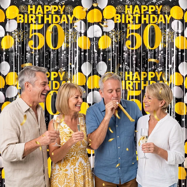 Alt view image 5 of 6 - 50th Birthday Decorations for Men Happy 50th Birthday Foil Fringe Curtains 2 Pack 3.3 x 6.6ft Black Gold Cheers to 50 Years Old Wall Decor Backdrop Tinsel Streamers Photo Booth Props Party Supplies