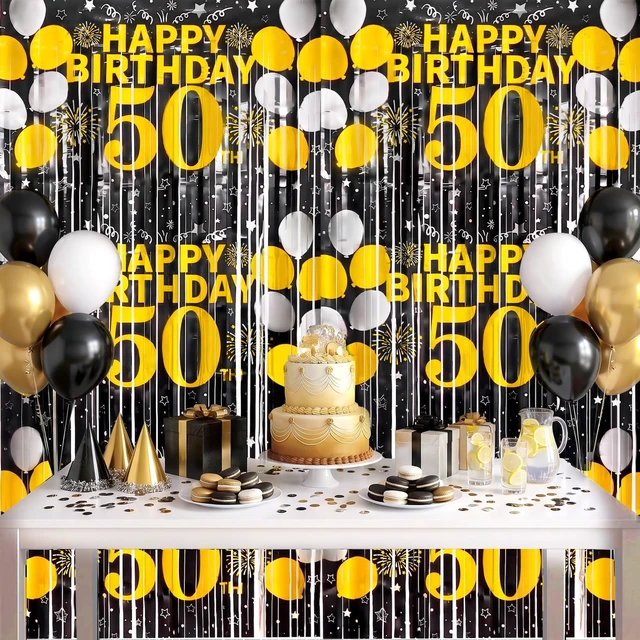 Alt view image 6 of 6 - 50th Birthday Decorations for Men Happy 50th Birthday Foil Fringe Curtains 2 Pack 3.3 x 6.6ft Black Gold Cheers to 50 Years Old Wall Decor Backdrop Tinsel Streamers Photo Booth Props Party Supplies