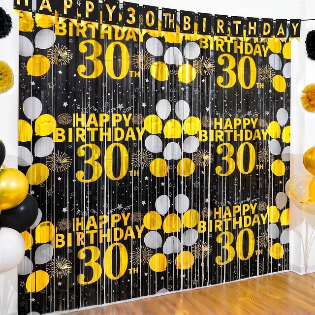 Main image of 30th Birthday Decorations for Him Her, Happy 30th Birthday Fringe Curtains 2 Pack 3.3 x 6.6ft Black Gold Cheers to 30 Years Old Wall Decor Backdrop Tinsel Streamers Photo Booth Props Party Supplies