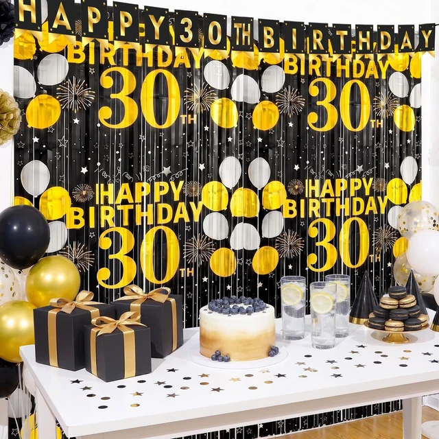 Alt view image 3 of 6 - 30th Birthday Decorations for Him Her, Happy 30th Birthday Fringe Curtains 2 Pack 3.3 x 6.6ft Black Gold Cheers to 30 Years Old Wall Decor Backdrop Tinsel Streamers Photo Booth Props Party Supplies