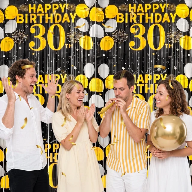 Alt view image 4 of 6 - 30th Birthday Decorations for Him Her, Happy 30th Birthday Fringe Curtains 2 Pack 3.3 x 6.6ft Black Gold Cheers to 30 Years Old Wall Decor Backdrop Tinsel Streamers Photo Booth Props Party Supplies