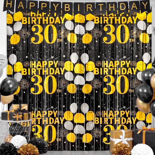 Alt view image 5 of 6 - 30th Birthday Decorations for Him Her, Happy 30th Birthday Fringe Curtains 2 Pack 3.3 x 6.6ft Black Gold Cheers to 30 Years Old Wall Decor Backdrop Tinsel Streamers Photo Booth Props Party Supplies