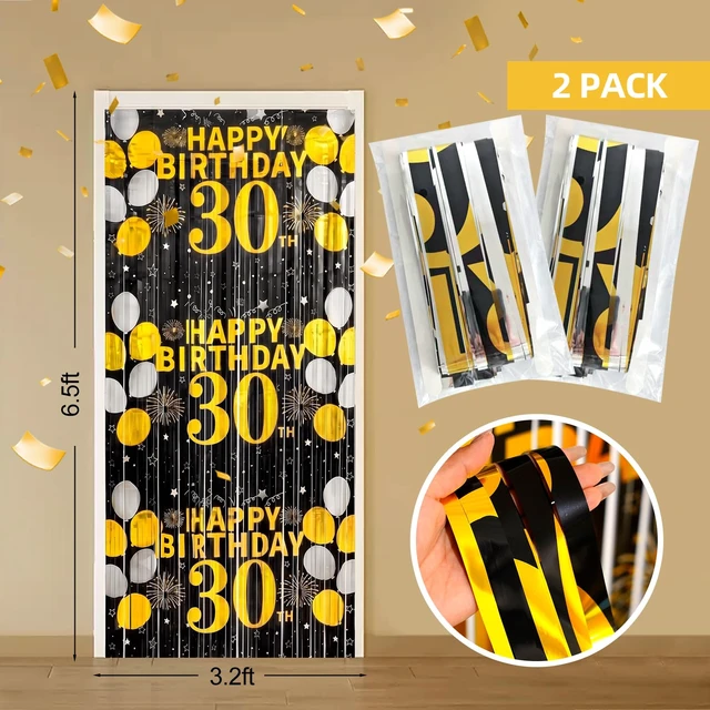 Alt view image 2 of 6 - 30th Birthday Decorations for Him Her, Happy 30th Birthday Fringe Curtains 2 Pack 3.3 x 6.6ft Black Gold Cheers to 30 Years Old Wall Decor Backdrop Tinsel Streamers Photo Booth Props Party Supplies