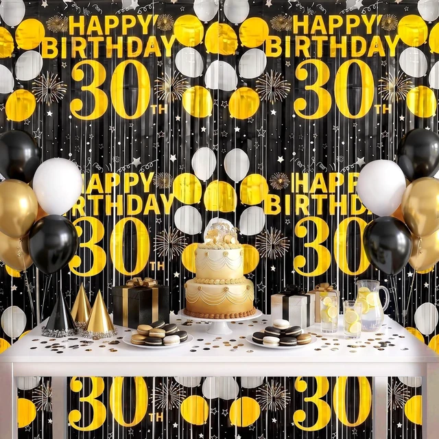 Alt view image 6 of 6 - 30th Birthday Decorations for Him Her, Happy 30th Birthday Fringe Curtains 2 Pack 3.3 x 6.6ft Black Gold Cheers to 30 Years Old Wall Decor Backdrop Tinsel Streamers Photo Booth Props Party Supplies