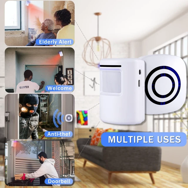 Alt view image 6 of 6 - Motion Sensor Alarm System, Wireless Home Security Driveway Alarm Indoor 300ft Long Range Motion Detector Alert with 38 Chime Tunes, 2 Sensors and 1 Receiver, Indicator Light, Adjustable Mute