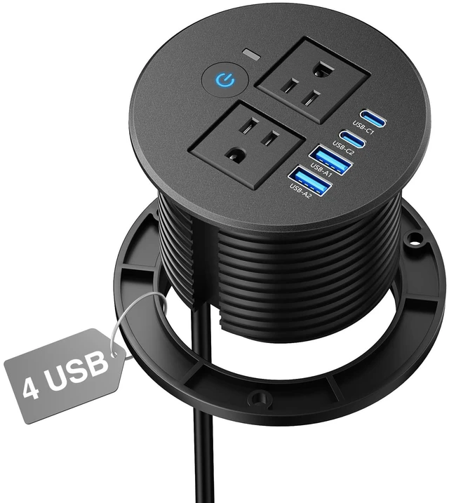 Main image of Desk Power Grommet Outlets 2 USB C 20W, 2 USB-A, Overload Switch, 3-1/8" 2 AC Outlets, PD 20W USB-C, USB-A 18W, Flush Mount Recessed Power Grommet, for Desk, Conference Table