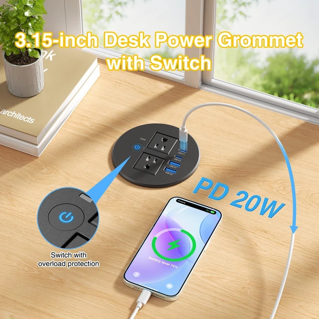 Alt view image 2 of 7 - Desk Power Grommet Outlets 2 USB C 20W, 2 USB-A, Overload Switch, 3-1/8" 2 AC Outlets, PD 20W USB-C, USB-A 18W, Flush Mount Recessed Power Grommet, for Desk, Conference Table