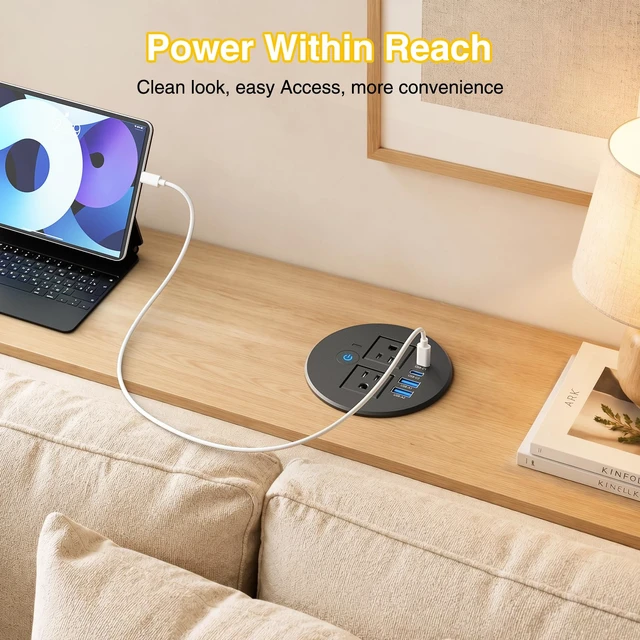 Alt view image 6 of 7 - Desk Power Grommet Outlets 2 USB C 20W, 2 USB-A, Overload Switch, 3-1/8" 2 AC Outlets, PD 20W USB-C, USB-A 18W, Flush Mount Recessed Power Grommet, for Desk, Conference Table