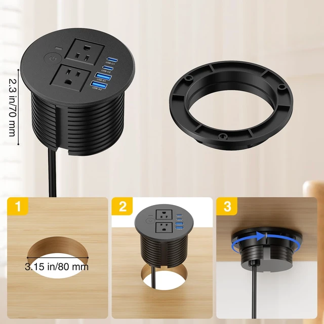 Alt view image 7 of 7 - Desk Power Grommet Outlets 2 USB C 20W, 2 USB-A, Overload Switch, 3-1/8" 2 AC Outlets, PD 20W USB-C, USB-A 18W, Flush Mount Recessed Power Grommet, for Desk, Conference Table