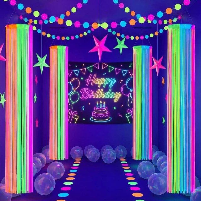 Main image of 4 Pack Glow in The Dark Party Supply Neon Blacklight Streamer, 6 Color 6.56ft Tinsel Foil Fringe Curtain with Hanging Loop Rope, Streamer for Birthday Halloween New Year Rave Black Light Party