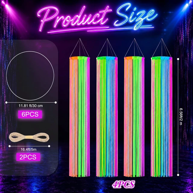 Alt view image 2 of 6 - 4 Pack Glow in The Dark Party Supply Neon Blacklight Streamer, 6 Color 6.56ft Tinsel Foil Fringe Curtain with Hanging Loop Rope, Streamer for Birthday Halloween New Year Rave Black Light Party