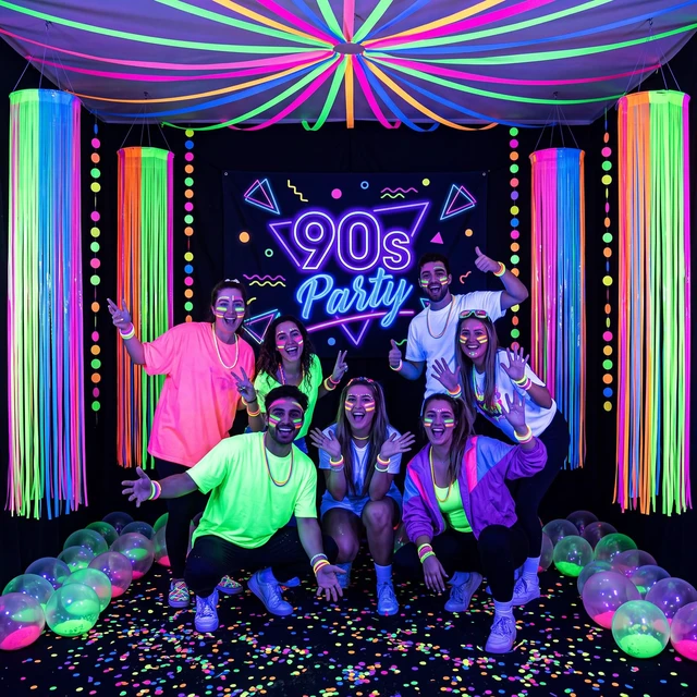 Alt view image 3 of 6 - 4 Pack Glow in The Dark Party Supply Neon Blacklight Streamer, 6 Color 6.56ft Tinsel Foil Fringe Curtain with Hanging Loop Rope, Streamer for Birthday Halloween New Year Rave Black Light Party