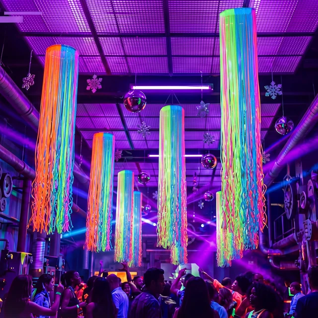 Alt view image 4 of 6 - 4 Pack Glow in The Dark Party Supply Neon Blacklight Streamer, 6 Color 6.56ft Tinsel Foil Fringe Curtain with Hanging Loop Rope, Streamer for Birthday Halloween New Year Rave Black Light Party