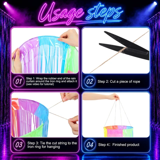 Alt view image 5 of 6 - 4 Pack Glow in The Dark Party Supply Neon Blacklight Streamer, 6 Color 6.56ft Tinsel Foil Fringe Curtain with Hanging Loop Rope, Streamer for Birthday Halloween New Year Rave Black Light Party