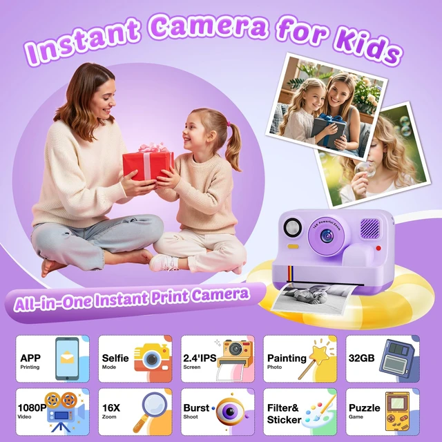 Alt view image 2 of 7 - Digital Camera for Kids, App Printing, 1080P Video, Dual-Lens Selfie Digital Camera with 32G SD, Christmas Birthday Gifts for Girls Boys 4 5 6 7 8 9 10 11 12 Year Old, Toddler Toy_Purple