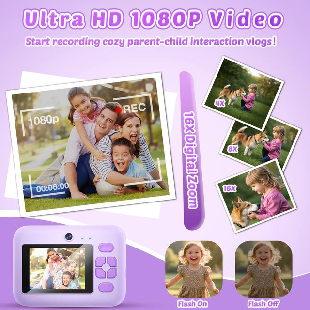 Alt view image 5 of 7 - Digital Camera for Kids, App Printing, 1080P Video, Dual-Lens Selfie Digital Camera with 32G SD, Christmas Birthday Gifts for Girls Boys 4 5 6 7 8 9 10 11 12 Year Old, Toddler Toy_Purple