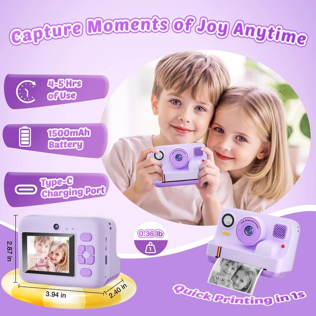 Alt view image 6 of 7 - Digital Camera for Kids, App Printing, 1080P Video, Dual-Lens Selfie Digital Camera with 32G SD, Christmas Birthday Gifts for Girls Boys 4 5 6 7 8 9 10 11 12 Year Old, Toddler Toy_Purple