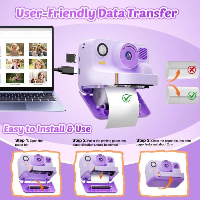 Alt view image 7 of 7 - Digital Camera for Kids, App Printing, 1080P Video, Dual-Lens Selfie Digital Camera with 32G SD, Christmas Birthday Gifts for Girls Boys 4 5 6 7 8 9 10 11 12 Year Old, Toddler Toy_Purple