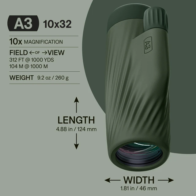 Alt view image 2 of 7 - A3 10x32 Monocular Laurel Green Waterproof, Fogproof, 10X Magnification, Fully Multi-Coated Lenses & Rubber Armor