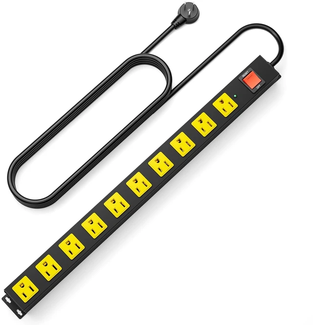 Main image of 10 Outlet Metal Power Strip with 2100J Surge Protector, Heavy Duty 15FT Extension Cord, Wide Spaced Outlets and Wall Mount for Garage, Workshop, Industrial, Home (15ft)