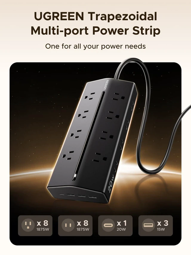 Alt view image 2 of 7 - 20W 20-in-1 GaN Surge Protector Power Strip, 5ft Extension Cord Wall Mountable, 16AC, 1 USB-C, 3 USB-A, 15A/1875W of Outload Protection, UL-Listed, Home/Office/Dorm Essential