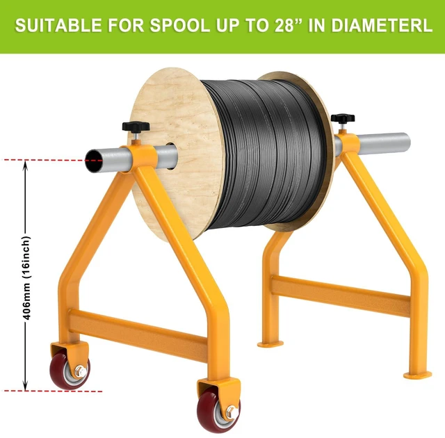 Alt view image 2 of 7 - Wire Spool Rack for up to 28" Spools, Yellow Fully Welded, Portable Cable Caddy with Wheels for Smooth Cable Dispensing on Job Sites, 220 lbs Capacity