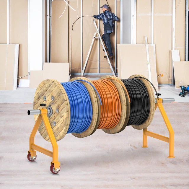 Alt view image 6 of 7 - Wire Spool Rack for up to 28" Spools, Yellow Fully Welded, Portable Cable Caddy with Wheels for Smooth Cable Dispensing on Job Sites, 220 lbs Capacity