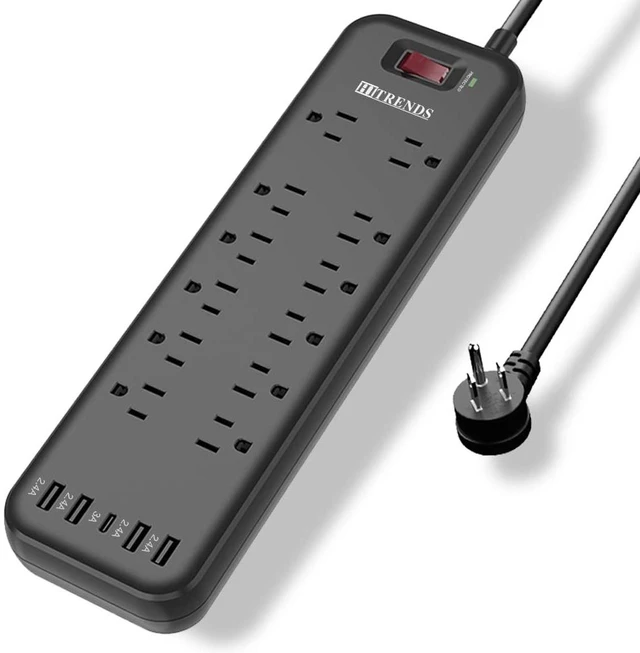 Main image of Power Strip Surge Protector with 12 Outlets & 4 USB Ports & 1 USB-C Port (5V/3A), 2360 Joules, Angled Flat Plug, Spaced Outlets & ETL Listed Power Outlet for Home Office - Black