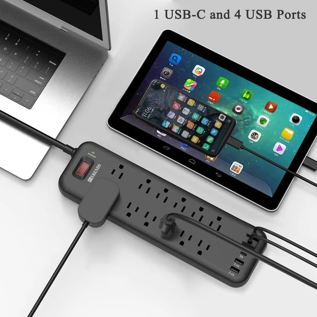 Alt view image 2 of 6 - Power Strip Surge Protector with 12 Outlets & 4 USB Ports & 1 USB-C Port (5V/3A), 2360 Joules, Angled Flat Plug, Spaced Outlets & ETL Listed Power Outlet for Home Office - Black