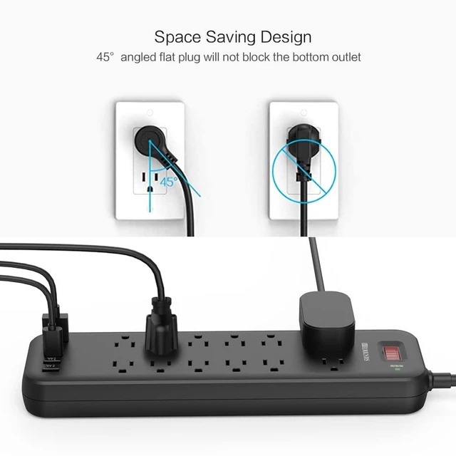 Alt view image 3 of 6 - Power Strip Surge Protector with 12 Outlets & 4 USB Ports & 1 USB-C Port (5V/3A), 2360 Joules, Angled Flat Plug, Spaced Outlets & ETL Listed Power Outlet for Home Office - Black