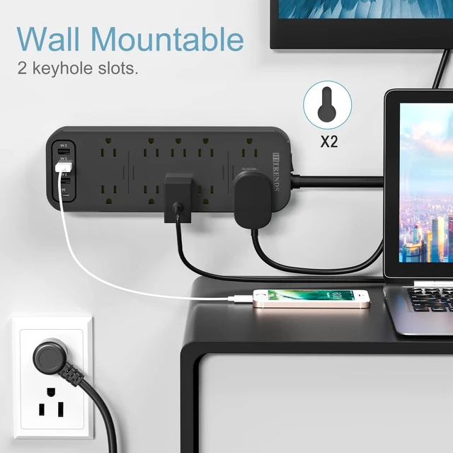 Alt view image 6 of 6 - Power Strip Surge Protector with 12 Outlets & 4 USB Ports & 1 USB-C Port (5V/3A), 2360 Joules, Angled Flat Plug, Spaced Outlets & ETL Listed Power Outlet for Home Office - Black