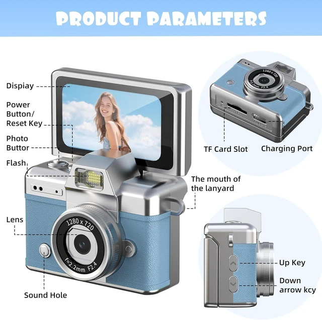 Alt view image 3 of 7 - Mini Keychain Camera with Flip Screen,1080P HD Portable Digital Camera Multiple Shooting Recording Modes,Pocket Camera with 16GB SD Card for Travel, Party. Ideal Pendant Gift