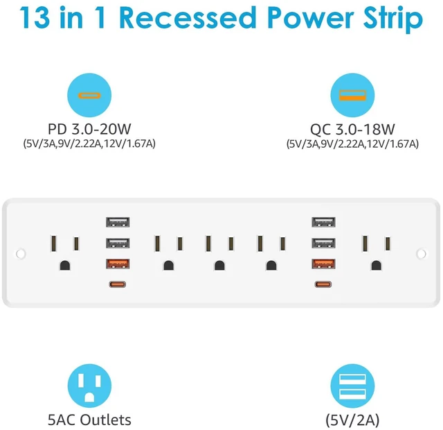 Alt view image 2 of 7 - 13 in 1 Recessed Power Strip Flat Plug, with USB, White, 6FT Cord 20W Fast Charging Furniture Outlet, Conference Surge Protection Socket with 5 AC Plugs, 6 USB-A 2 USB-C