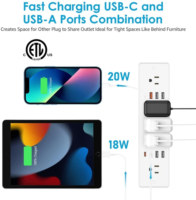 Alt view image 6 of 7 - 13 in 1 Recessed Power Strip Flat Plug, with USB, White, 6FT Cord 20W Fast Charging Furniture Outlet, Conference Surge Protection Socket with 5 AC Plugs, 6 USB-A 2 USB-C
