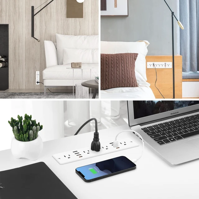 Alt view image 7 of 7 - 13 in 1 Recessed Power Strip Flat Plug, with USB, White, 6FT Cord 20W Fast Charging Furniture Outlet, Conference Surge Protection Socket with 5 AC Plugs, 6 USB-A 2 USB-C