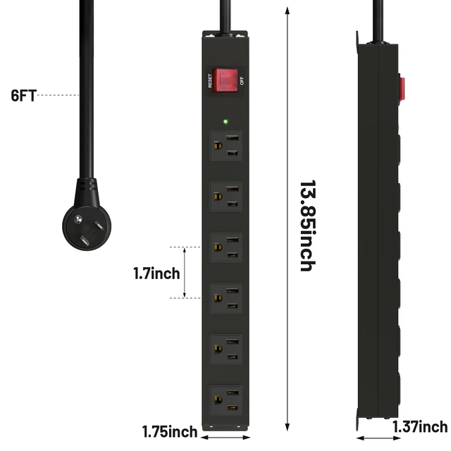 Alt view image 6 of 7 - Matel 6 Outlet Power Strip Surge Protection 2100J,Heavy Duty Wide Space Power Strip with Flat Plug/Upgraded Switch,15A/1875W/14AWG 6FT Extension Cord in Home,Garage,Shop