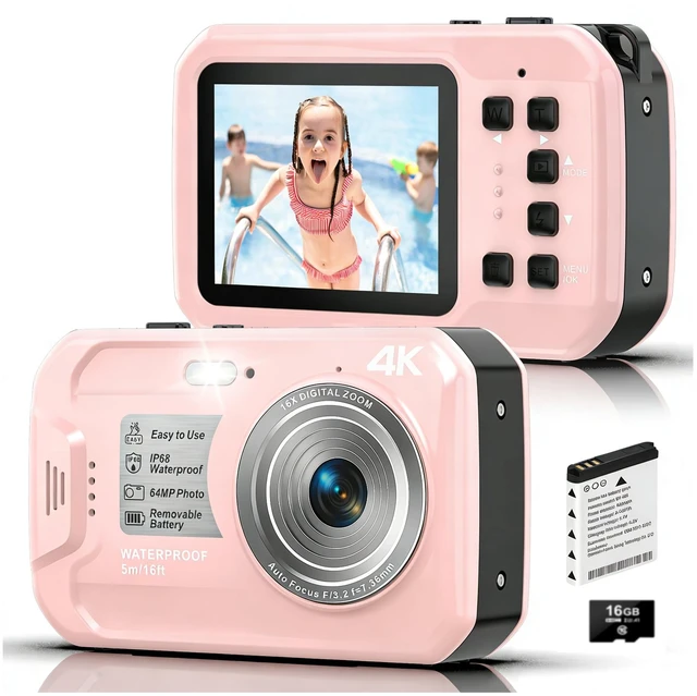 Main image of 4K 64MP Underwater Camera Autofocus IPS HD Screen 16X Digital Zoom Fill Light, Floatable Waterproof Digital Camera, 16FT, Includes 16GB Card for Surfing Snorkeling Swimming, Pink
